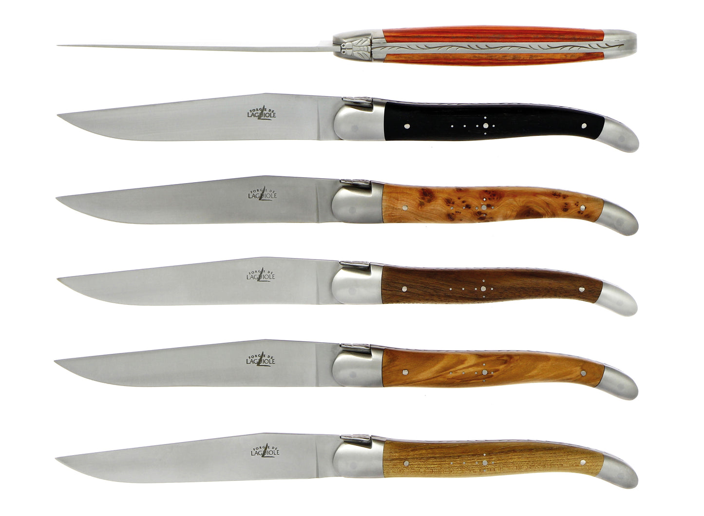 Forge de Laguiole 6 Tafelmesser Stahl T6 matt Griff gemischte Hölzer 23,5 cm