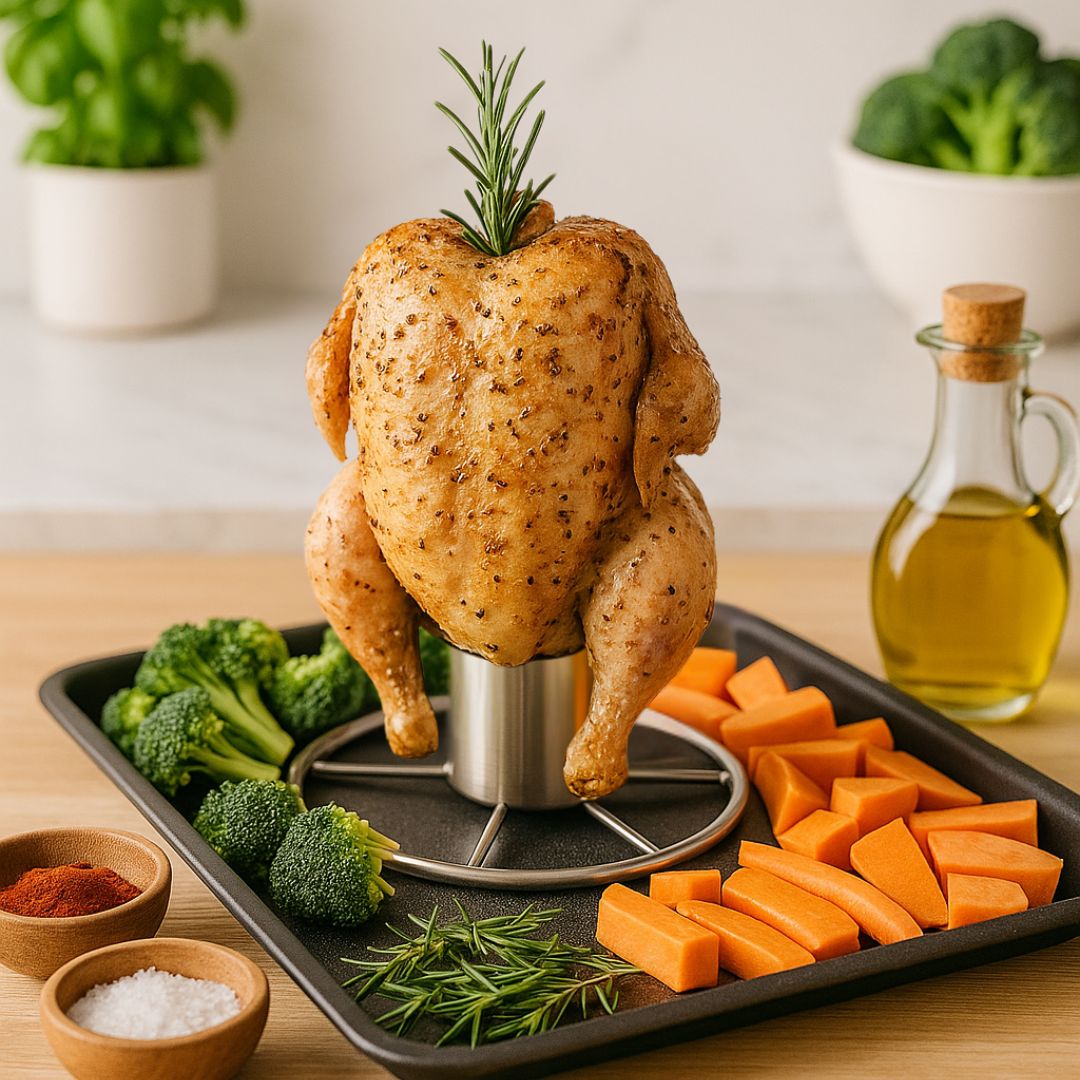 TOPANBIETER 999 Premium Hähnchenhalter mit Aromabehälter für Grill & Backofen, Geflügelhalter Edelstahl, Hähnchenbräter für knuspriges Brathähnchen & Geflügel - BBQ Hähnchengriller, Hänchengrill Halter Bierdose