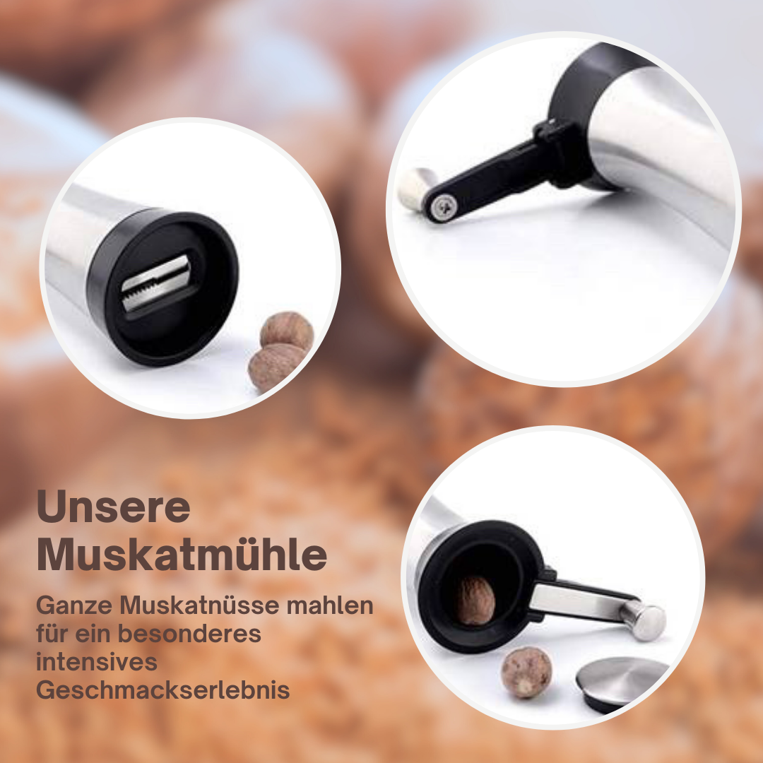 TA999 Muskatmühle aus Edelstahl mit Aufbewahrungsbehälter und einklappbarer Kurbel