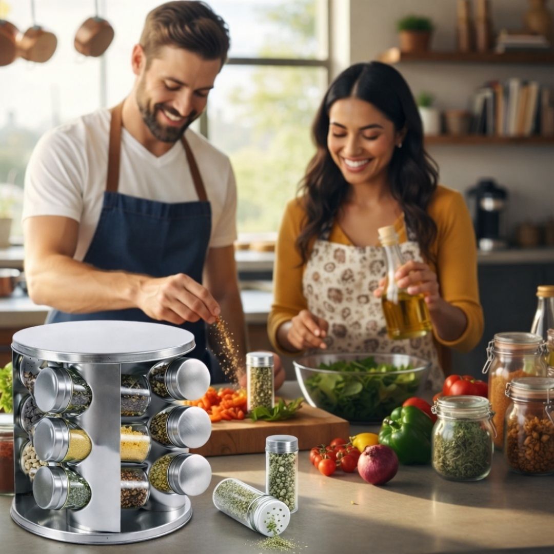 Gewürzständer Set mit 12 Gewürzgläsern aus Edelstahl/ Glas Gewürzregal rund 360° drehbar