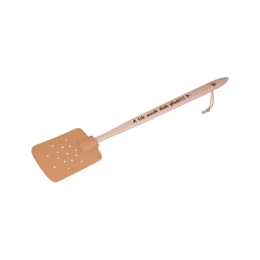 Hofmeister Fliegenklatsche "Ich mach dich platt!!!" Buchenholz Leder 47,5 cm
