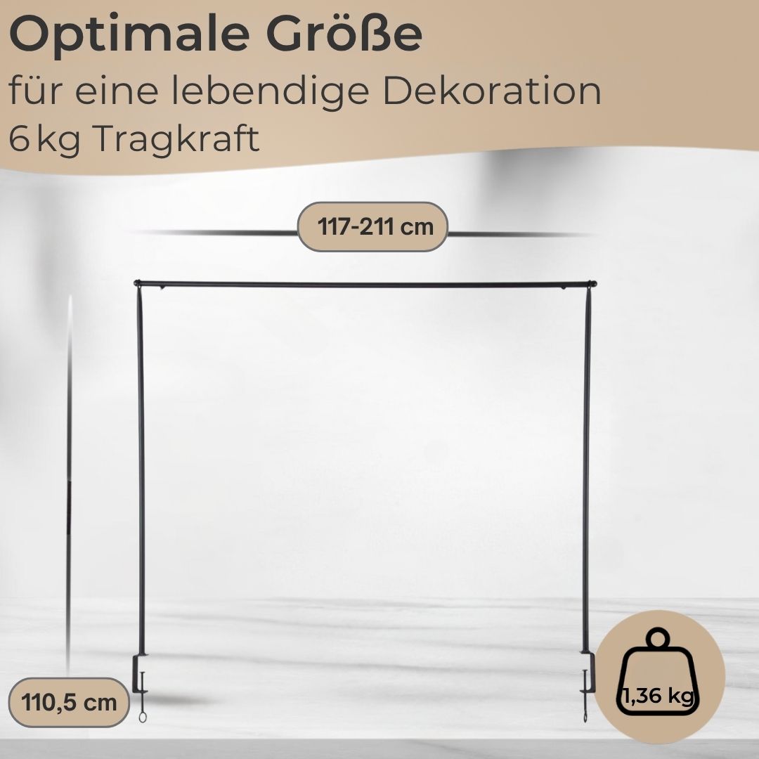 Premium decorative table frame, metal, black - extendable table decoration rod 117–211 cm – adjustable metal frame with clamp – table frame for tables with straight edges
