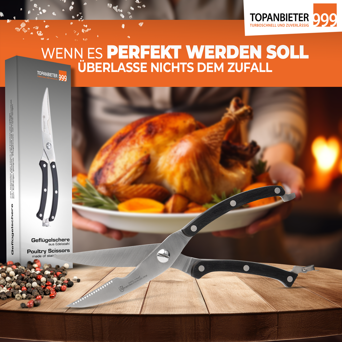 TOPANBIETER 999 Küchenschere extra scharf für Küche, Pizza, Geflügel und mehr
