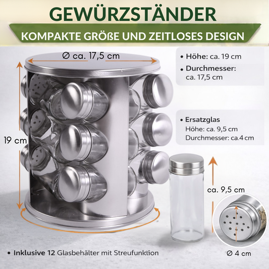 Gewürzständer Set mit 12 Gewürzgläsern aus Edelstahl/ Glas Gewürzregal rund 360° drehbar