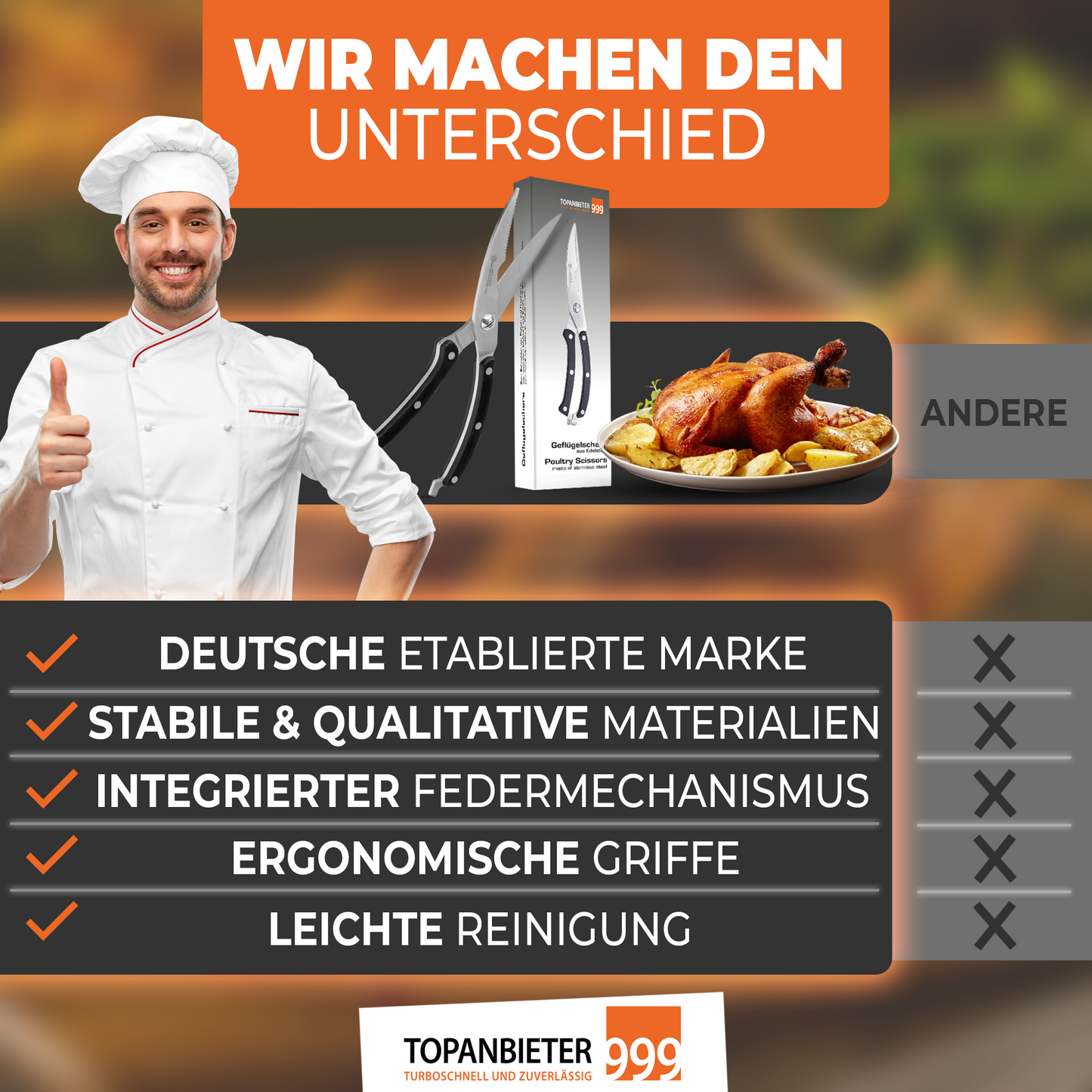 TOPANBIETER 999 Küchenschere extra scharf für Küche, Pizza, Geflügel und mehr