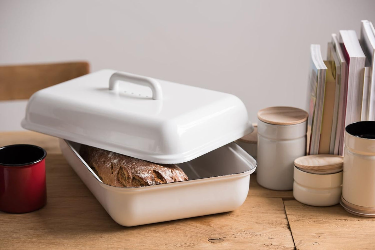 Riess Enamel Bread Box CLASSIC White 37x26cm Bread Box with Lid 0616-033