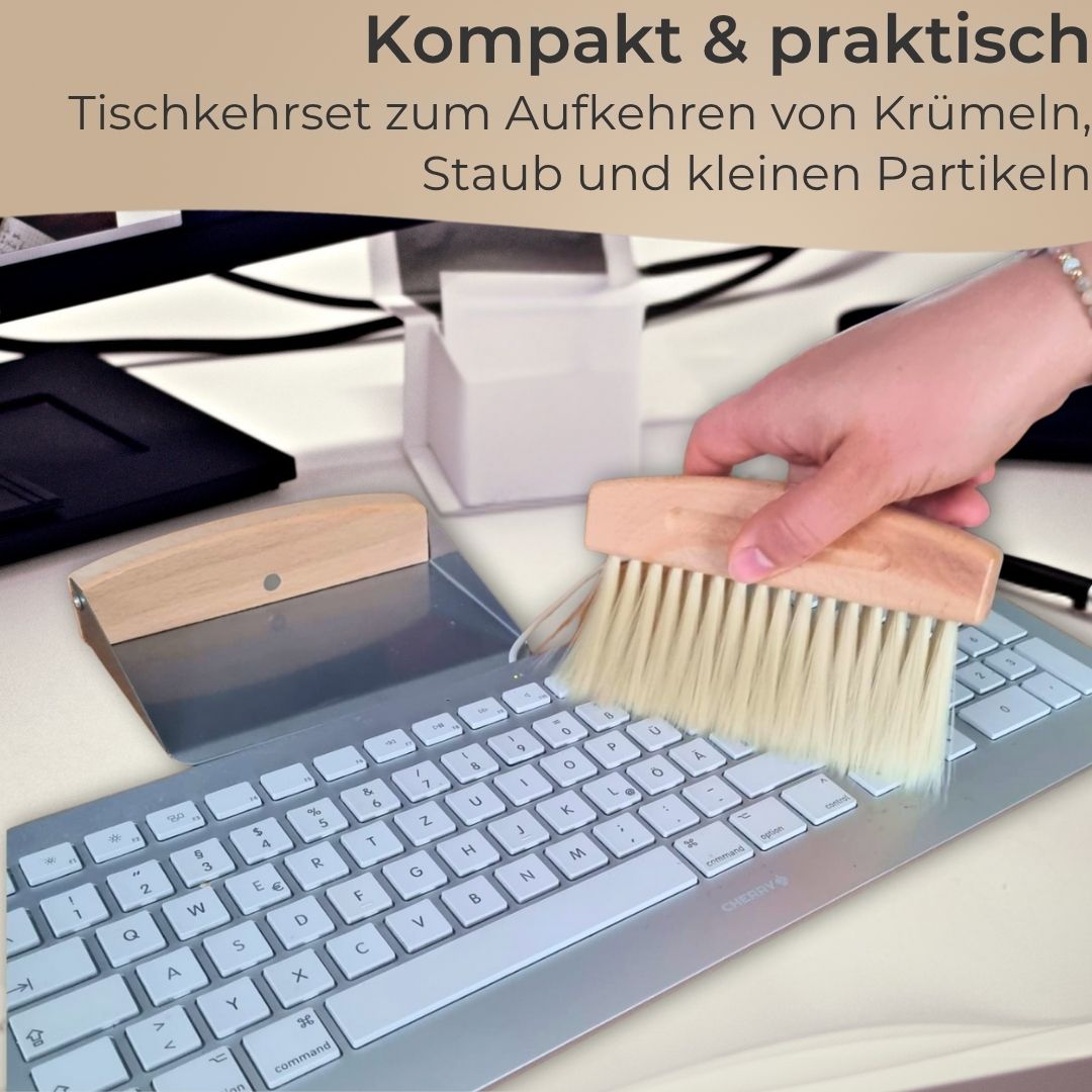 Premium 2tlg. Tischkehrset Holz & Metall klein & leicht, Mini Schaufel & Besen Set magnetisch verbunden, Tischbürste Buche & Metall-Kehrschaufel, Tragbare Handfeger & Kehrblech für Küche,Büro & Kinder