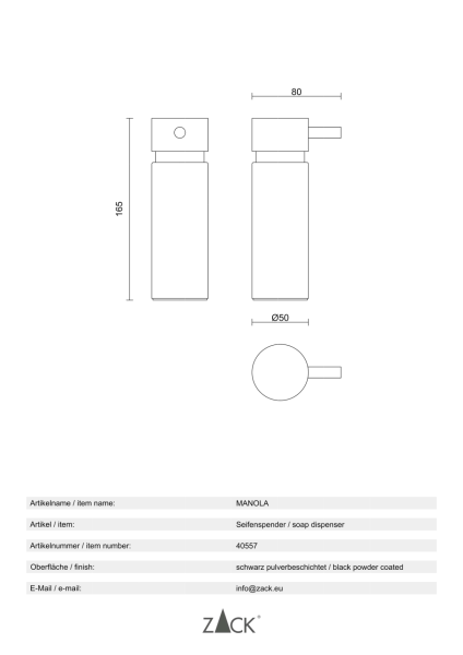ZACK MANOLA Flüssigseifen Spender 175 ml Schwarz Nachfüllbarer Lotion Dispenser
