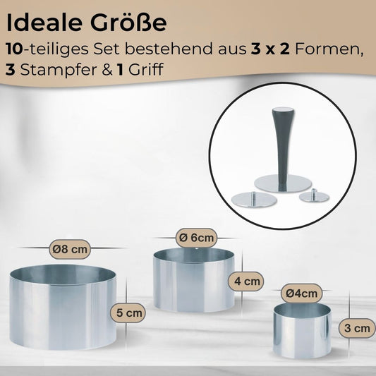 Premium Profispeiseringe Set 10tlg.Dessertring Ø 4/6/8 cm mit Presse & Griff