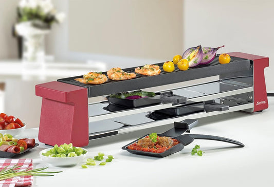 Spring Raclette 4 Personen COMPACT, rot, Tischgrill elektrisch, Antihaftbeschichtete Alu-Grillplatte, 4 Raclette Pfännchen & Spatel, Abstellebene, 54,0×10,5×11,5cm, 650W, Raclette Grill