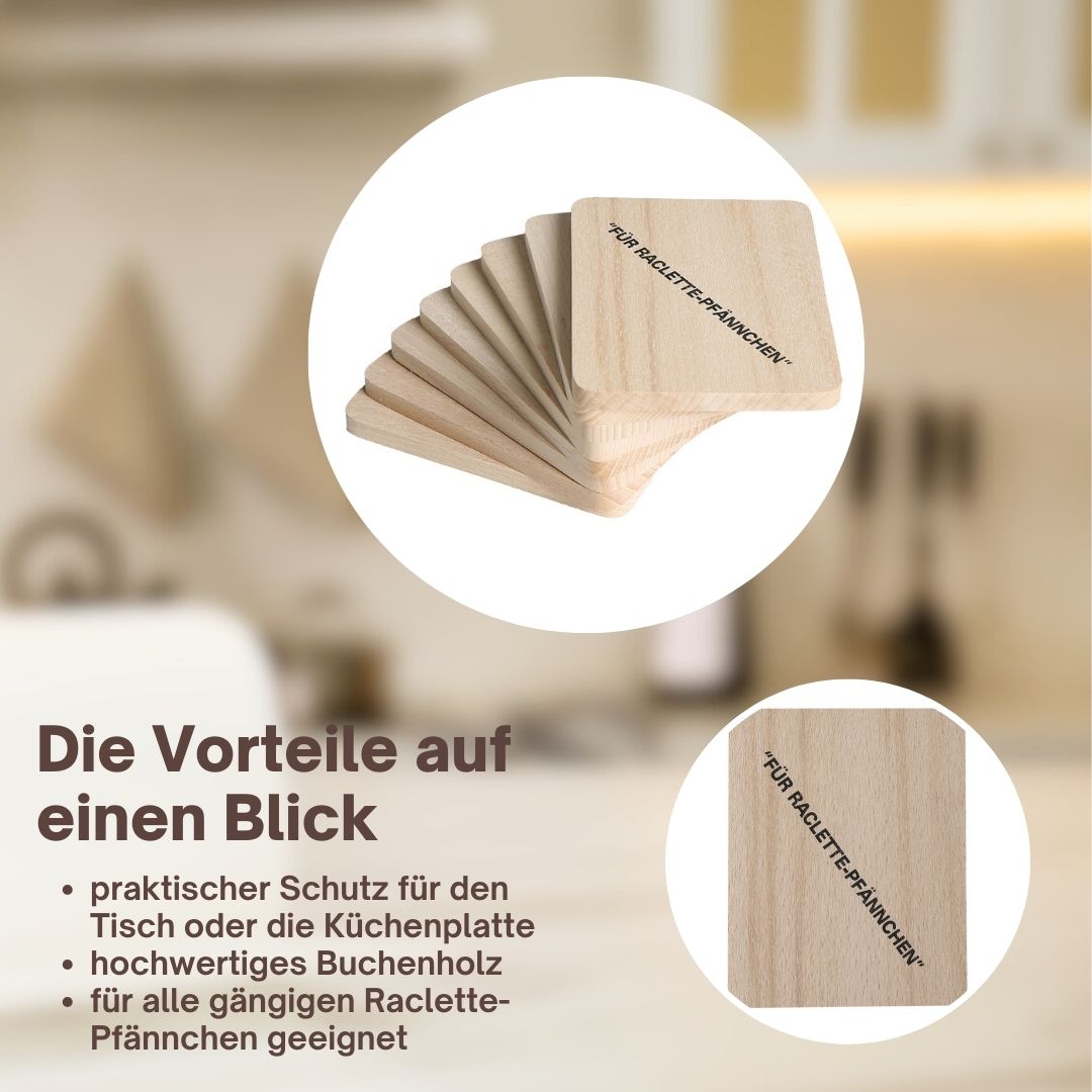 TA999 Untersetzer für Raclette-Pfännchen 8er Set Buchenholz 10 cm Holzbrettchen