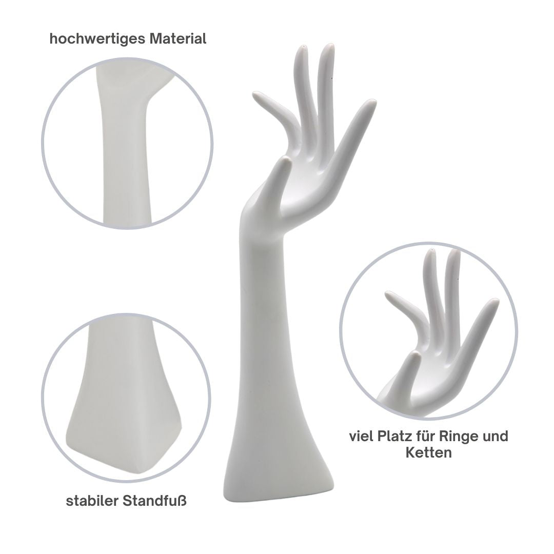 TOPANBIETER 999 Design Schmuckhand - Schmuckhalter im weißen Handform für Armbänder, Ketten, Ringe, Uhren - Schmuckdisplay aus Kunstharz - Schmuckaufbewahrung - Dekohand als Schmuckständer - Kettenständer Display H34cm