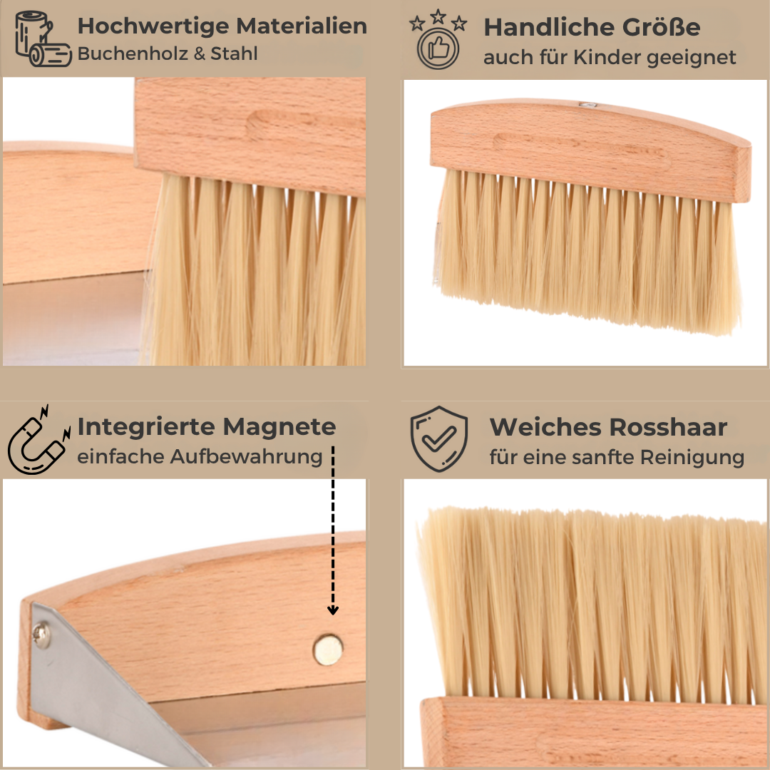 Premium 2tlg. Tischkehrset Holz & Metall klein & leicht, Mini Schaufel & Besen Set magnetisch verbunden, Tischbürste Buche & Metall-Kehrschaufel, Tragbare Handfeger & Kehrblech für Küche,Büro & Kinder
