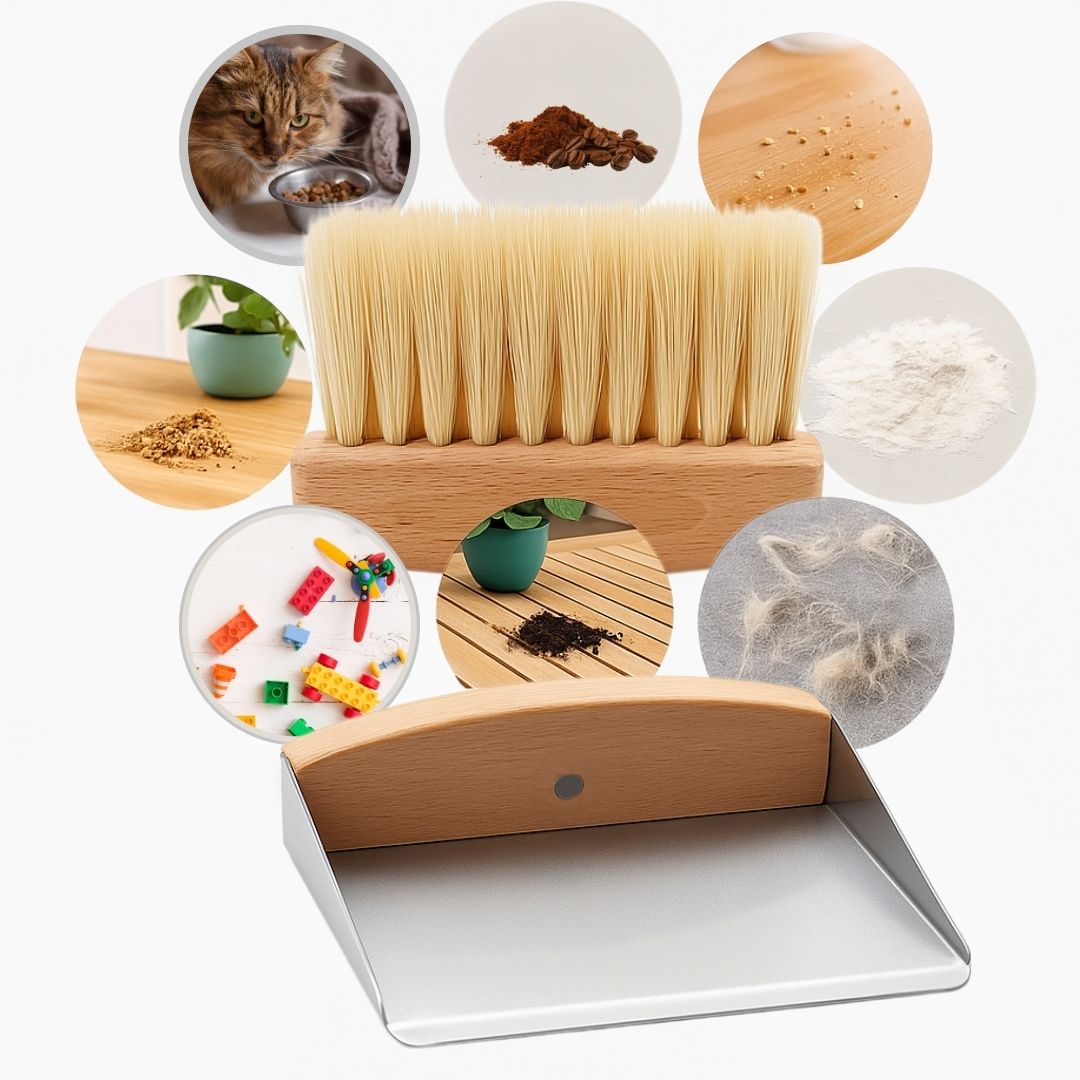Premium 2tlg. Tischkehrset Holz & Metall klein & leicht, Mini Schaufel & Besen Set magnetisch verbunden, Tischbürste Buche & Metall-Kehrschaufel, Tragbare Handfeger & Kehrblech für Küche,Büro & Kinder