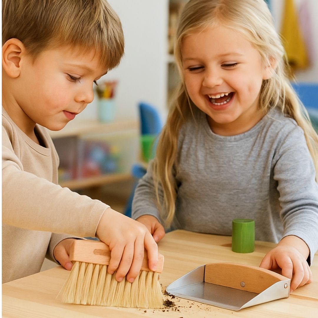 Premium 2tlg. Tischkehrset Holz & Metall klein & leicht, Mini Schaufel & Besen Set magnetisch verbunden, Tischbürste Buche & Metall-Kehrschaufel, Tragbare Handfeger & Kehrblech für Küche,Büro & Kinder