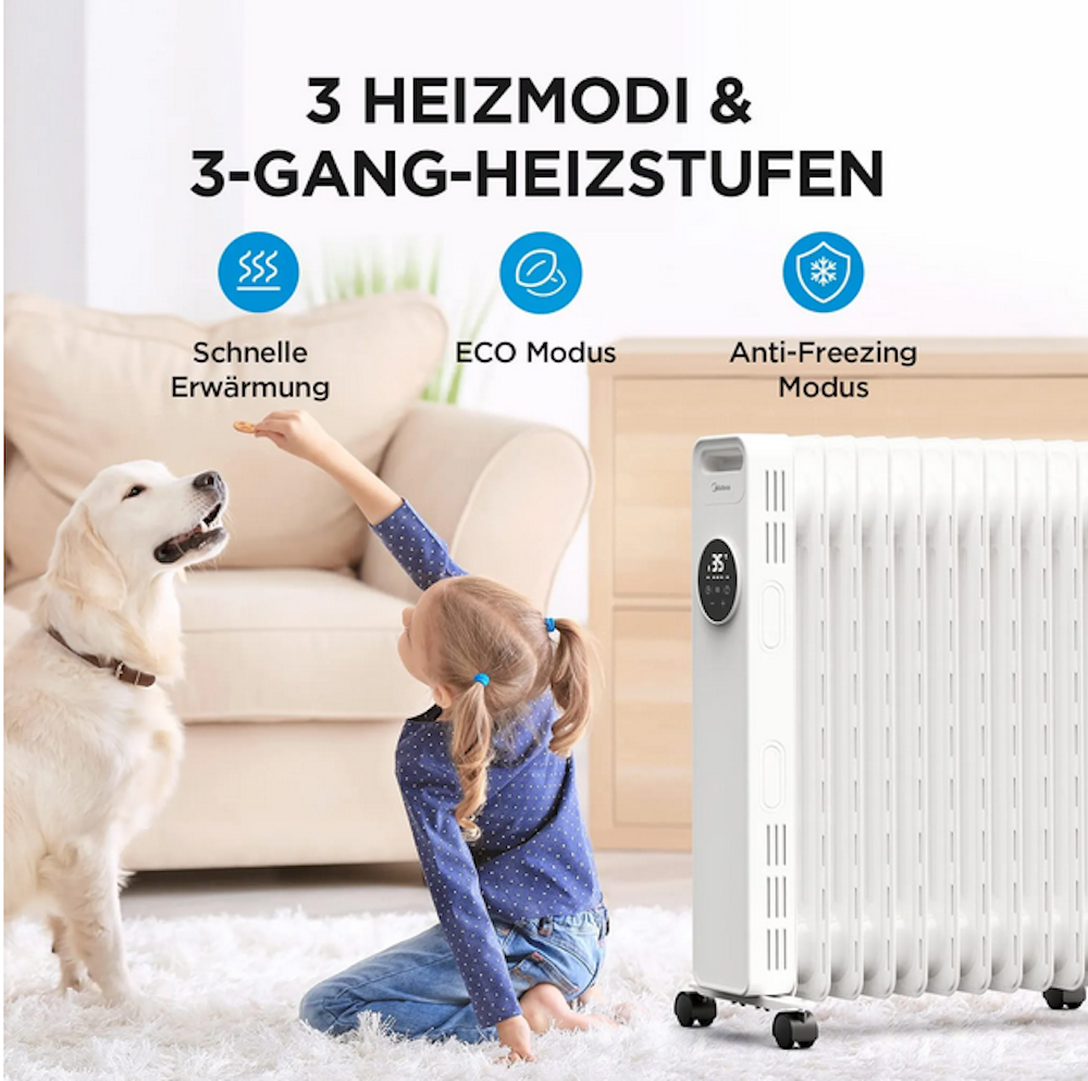 Midea Ölradiator 2300W, Heizlüfter Energiesparend Leise,Elektroheizung mit 11 Rippen, Thermostat,24h Timer,3 Heizstufen mit Fernbedienung,LED Display, Kipp- und Überhitzungsschutz,ECO-Modus