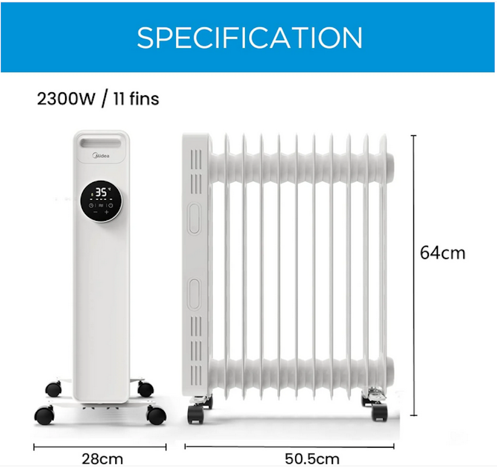Midea Ölradiator 2300W, Heizlüfter Energiesparend Leise,Elektroheizung mit 11 Rippen, Thermostat,24h Timer,3 Heizstufen mit Fernbedienung,LED Display, Kipp- und Überhitzungsschutz,ECO-Modus