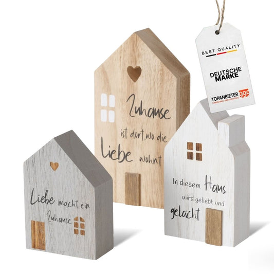 Dekoaufsteller 3er Set Holz Häuser bemalt weiß, grau, natur stilvolle Deko