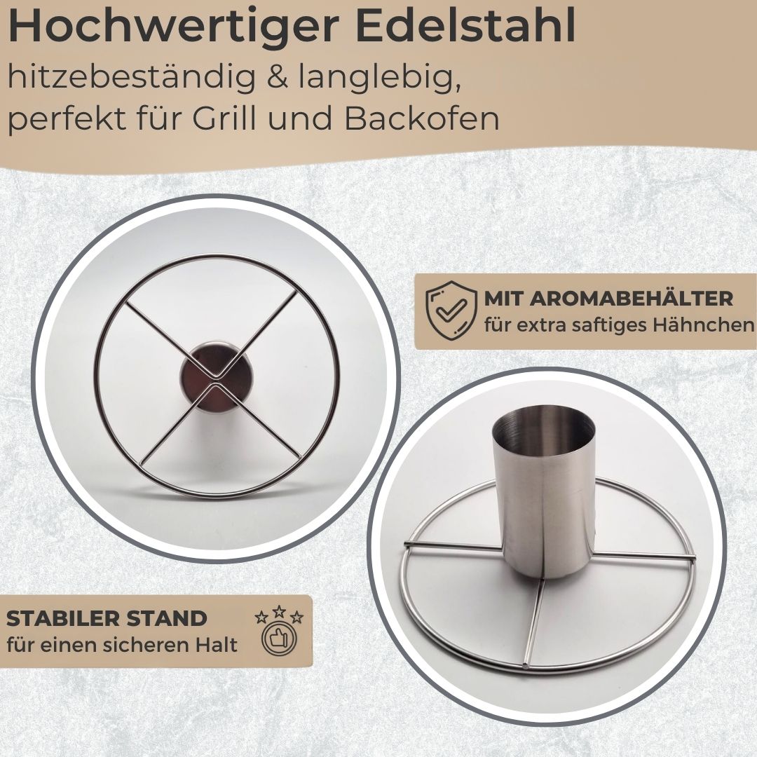 TOPANBIETER 999 Premium Hähnchenhalter mit Aromabehälter für Grill & Backofen, Geflügelhalter Edelstahl, Hähnchenbräter für knuspriges Brathähnchen & Geflügel - BBQ Hähnchengriller, Hänchengrill Halter Bierdose