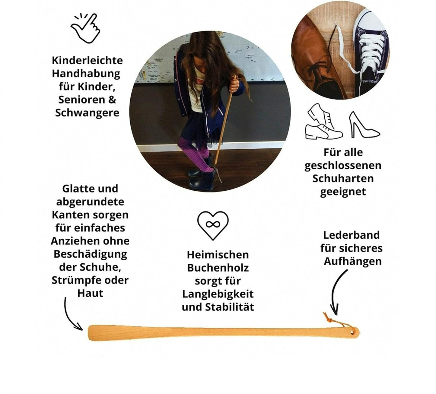 Hofmeister Schuhlöffel Lederband 37 cm Buchenholz Schuhanzieher zum aufhängen