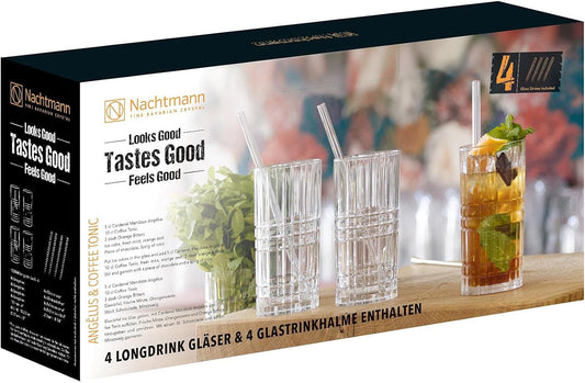 Nachtmann Longdrinkgläser 445 ml, 4 Stück, mit 4x Glasstrohhalme und 1x Reinigungsbürste, Tastes Good, 103144, Cocktailgläser aus Kristallglas, Trinkgläser spülmaschinenfest
