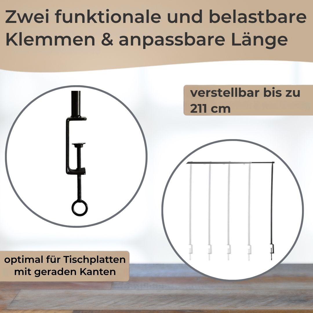 Premium decorative table frame, metal, black - extendable table decoration rod 117–211 cm – adjustable metal frame with clamp – table frame for tables with straight edges