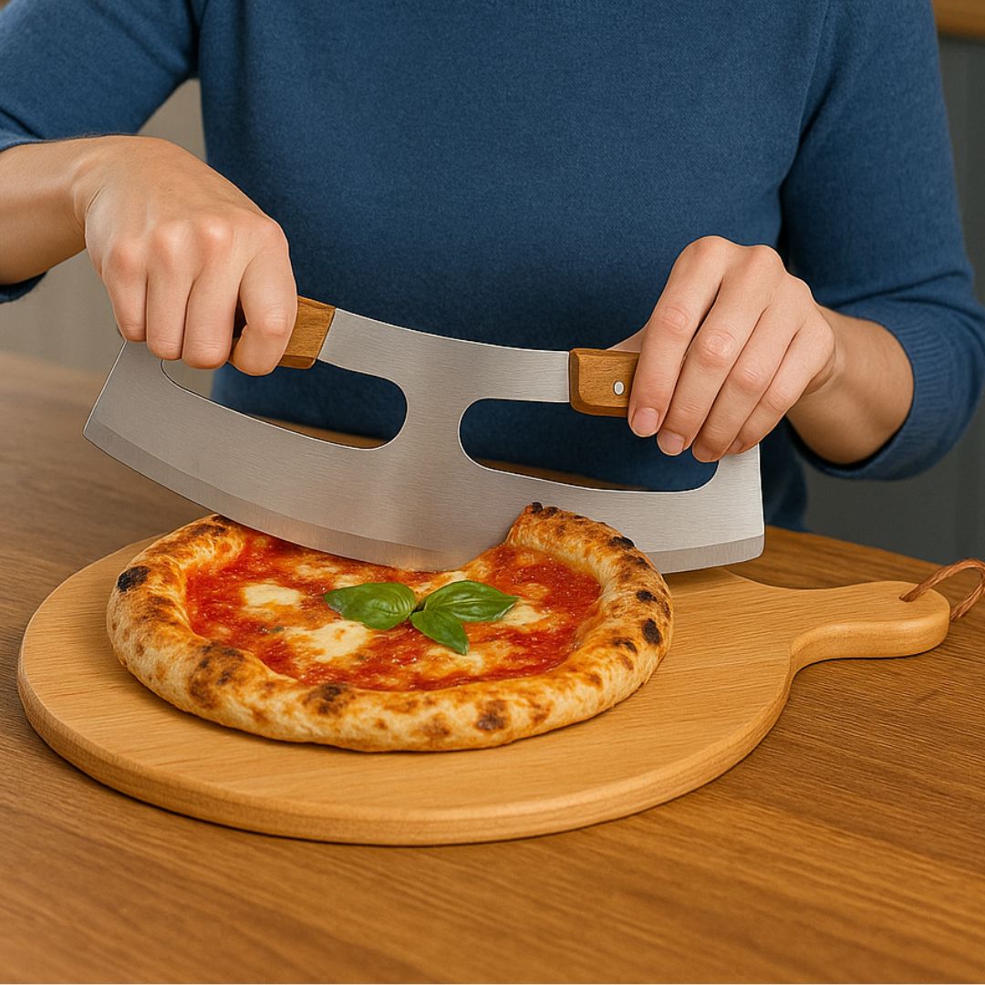 Pizzaschneider & Pizzabrett Premium Set , Pizzawiege Edelstahl mit Buchenholzgriffen 31 cm und Holzbrett Buche geölt 41 cm