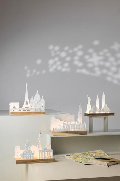 Räder Lichtobjekt Stadtsilhouette London Porzellan Akazienholz Teelichthalter