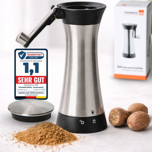 Stainless steel spice mill with container and folding crank, ideal for nutmeg and tonka bean.