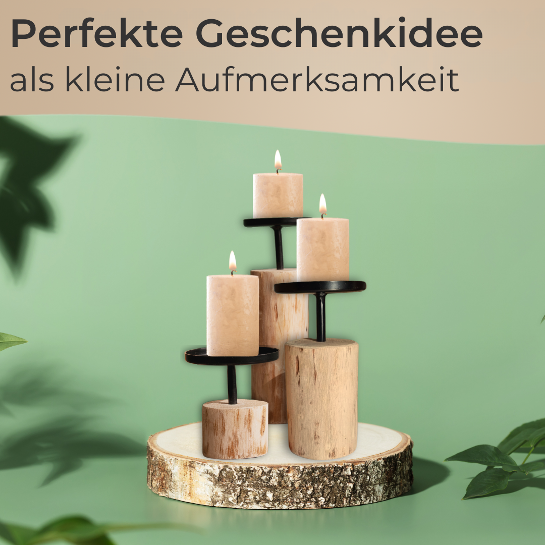 Kerzenständer 3er Set rund Eukalyptusholz & Metall 8-22 cm Stumpenkerzen Deko