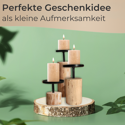 Kerzenständer 3er Set rund Eukalyptusholz & Metall 8-22 cm Stumpenkerzen Deko