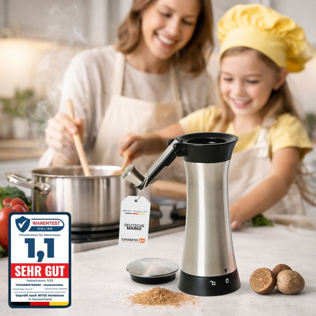 Muskatmühle Edelstahl mit Aufbewahrungsbehälter und einklappbarer Kurbel Muskatnussmühle