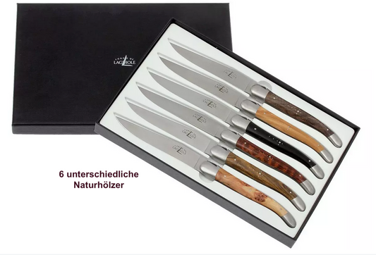 Forge de Laguiole 6 Tafelmesser Stahl T6 matt Griff gemischte Hölzer 23,5 cm