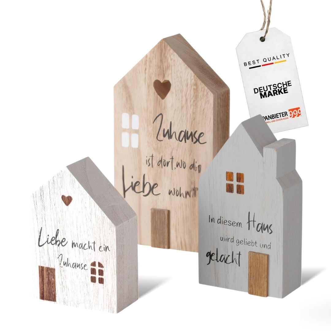 TA999 Dekoaufsteller 3er Set Holz Häuser bemalt weiß, grau, natur stilvolle Deko