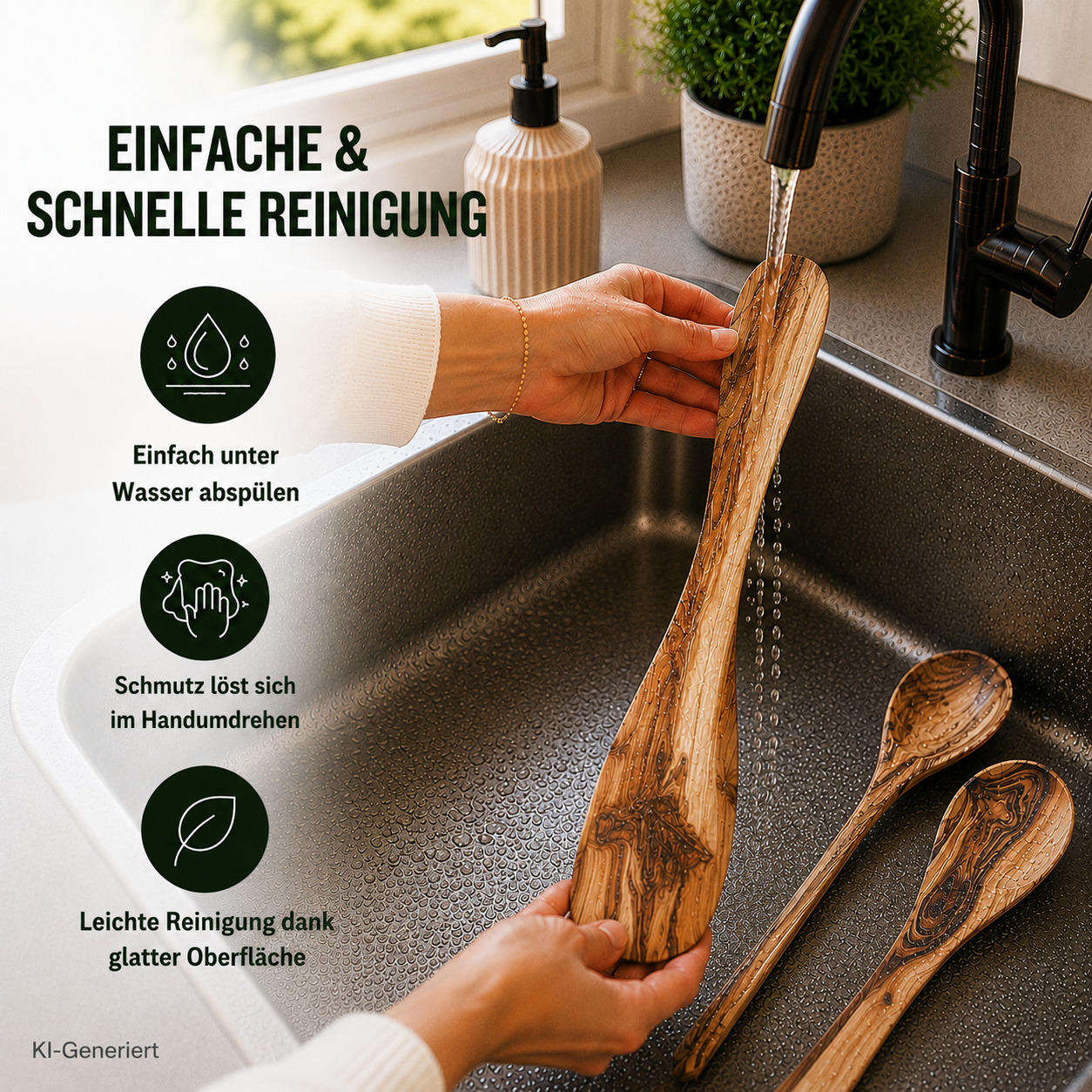 3-piece cooking utensil set: 2 cooking spoons, 1 spatula, olive wood, robust kitchen helpers