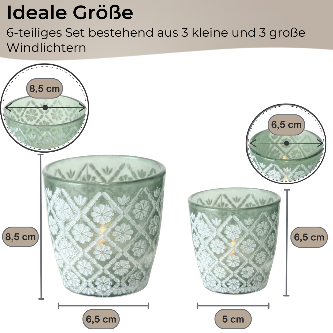 Tealight holders, set of 6, lanterns, 3 designs, 2 sizes 6.5/8.5 cm, green/white