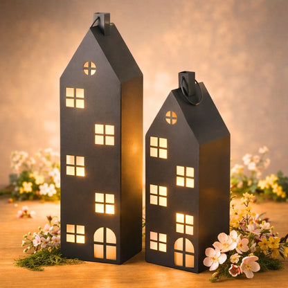 Laterne Haus XXL 2er-Set Dekoaufsteller Metall schwarz Lichthaus groß H66-96 cm