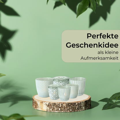 Tealight holders, set of 6, lanterns, 3 designs, 2 sizes 6.5/8.5 cm, green/white