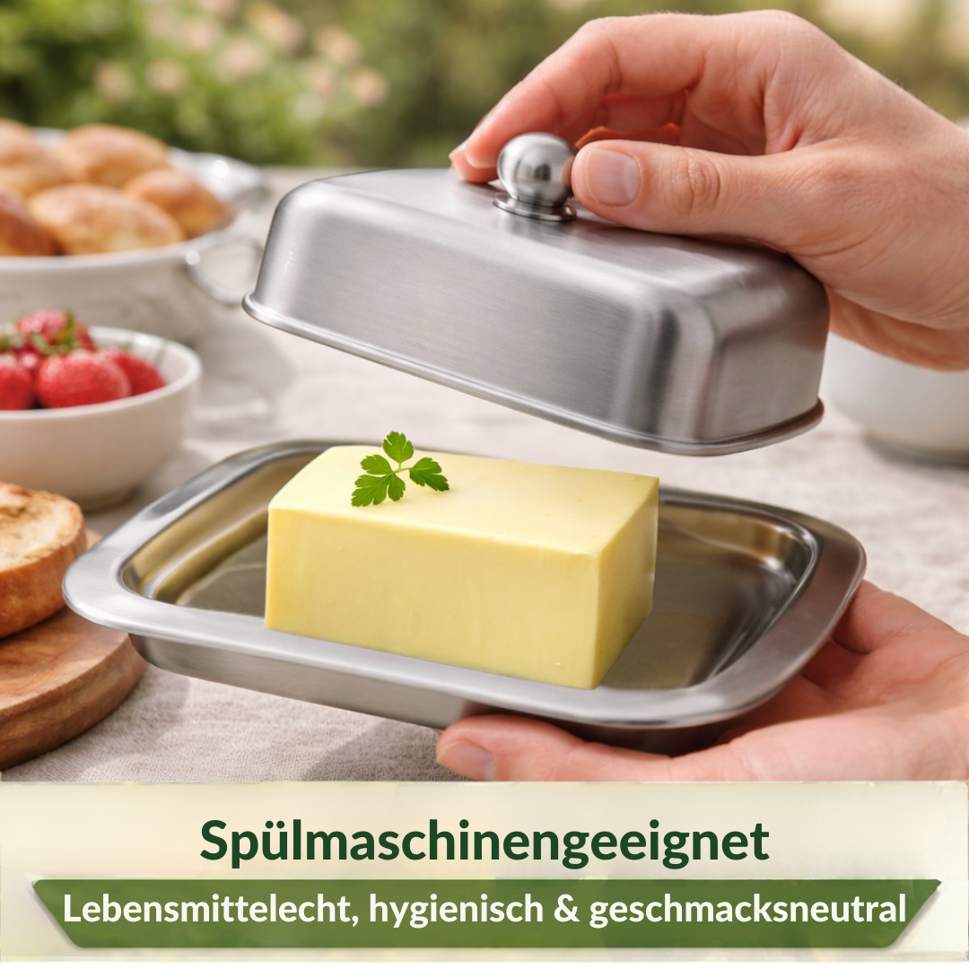 Stainless steel butter dish, matte finish, lid, butter dome, dishwasher safe, butter container 