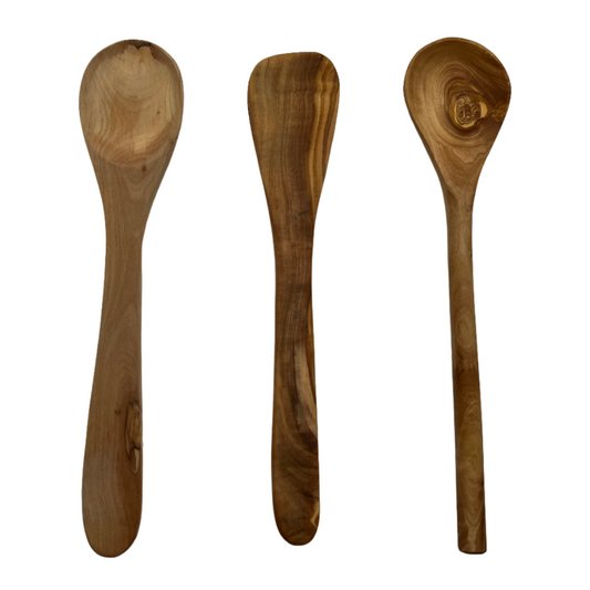3-piece cooking utensil set: 2 cooking spoons, 1 spatula, olive wood, robust kitchen helpers
