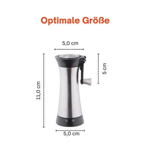 Stainless steel spice mill with container and folding crank, ideal for nutmeg and tonka bean.