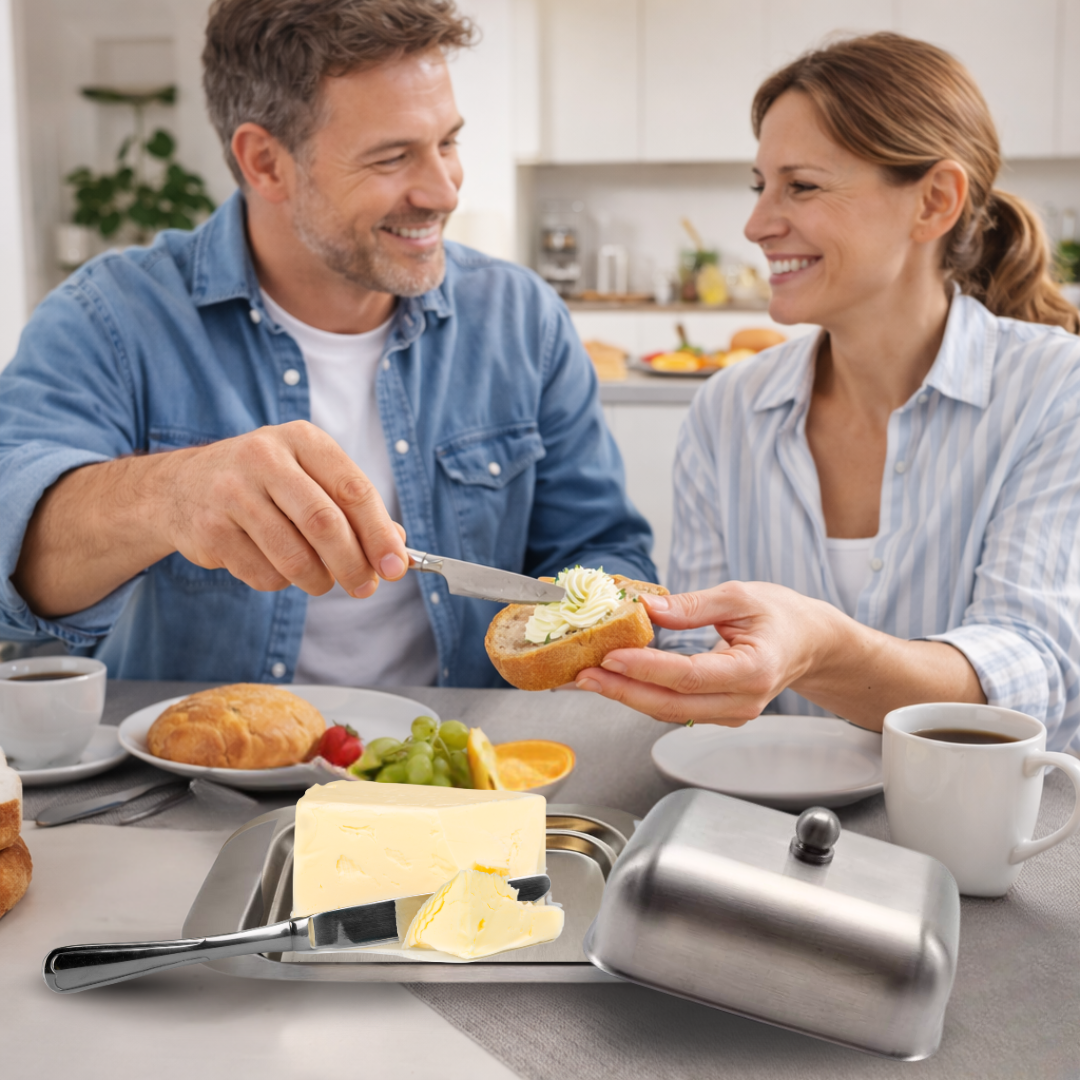 Stainless steel butter dish, matte finish, lid, butter dome, dishwasher safe, butter container 