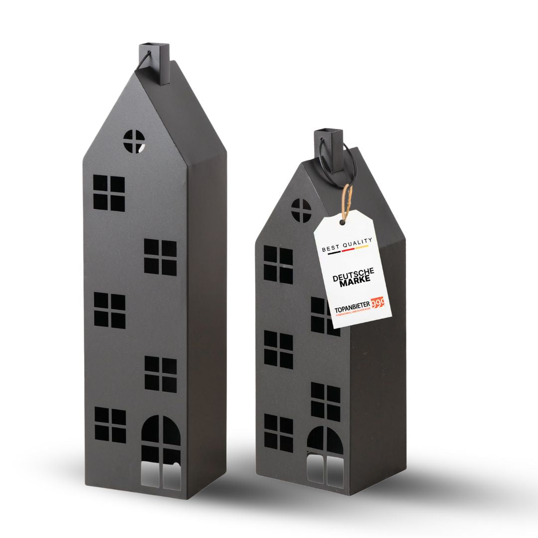 Premium 2er Set Laterne Haus XXL Metall in schwarz H66-96 cm groß/ 2tlg Deko Windlicht mit Henkel- Indoor & Outdoor- Lichtdeko für Kerzen & LED- Lichthaus für Haustür, Terrasse, Garten