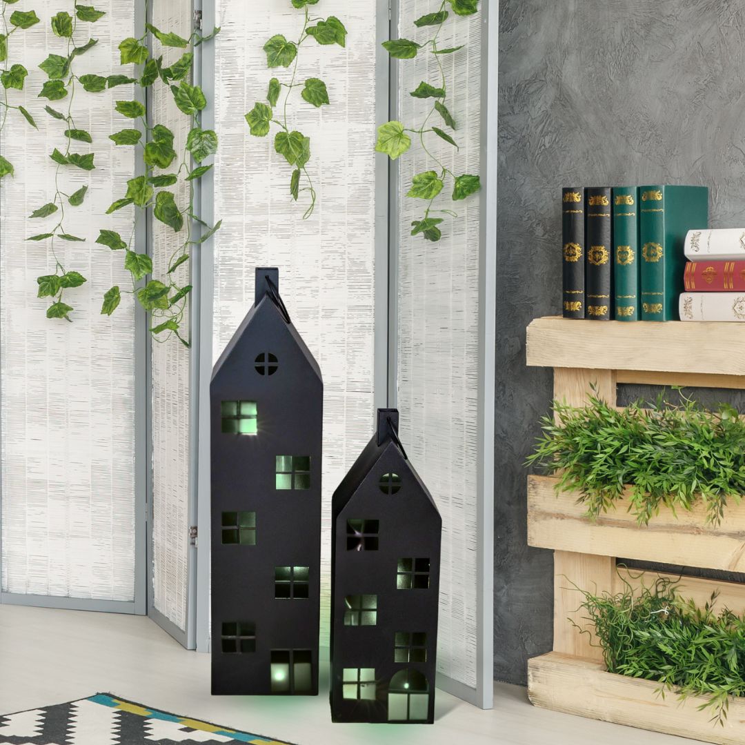 Laterne Haus XXL 2er-Set Dekoaufsteller Metall schwarz Lichthaus groß H66-96 cm