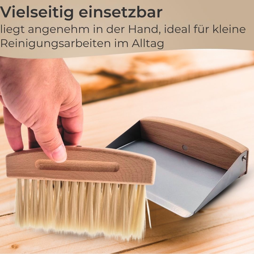 Premium 2tlg. Tischkehrset Holz & Metall klein & leicht, Mini Schaufel & Besen Set magnetisch verbunden, Tischbürste Buche & Metall-Kehrschaufel, Tragbare Handfeger & Kehrblech für Küche,Büro & Kinder