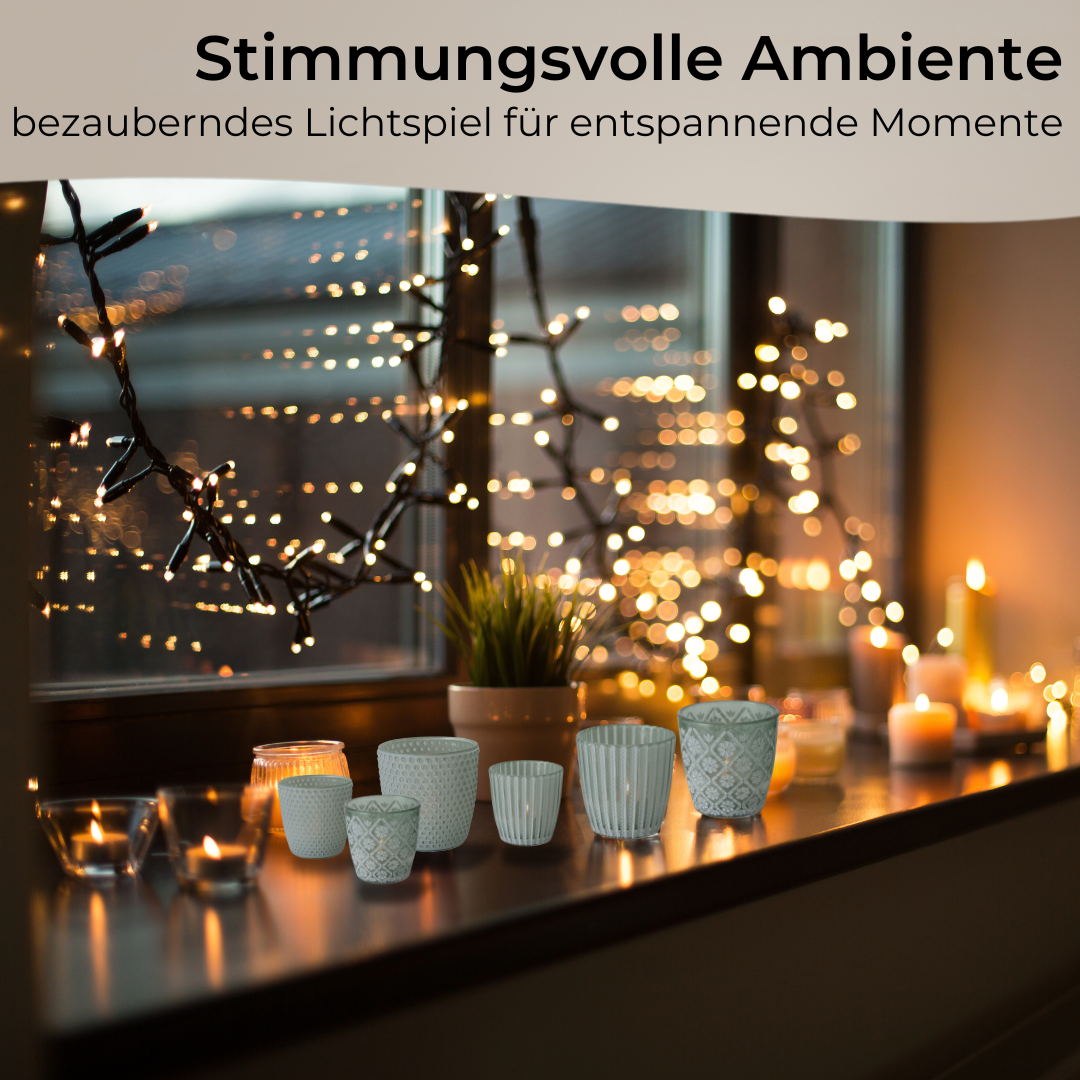 Tealight holders, set of 6, lanterns, 3 designs, 2 sizes 6.5/8.5 cm, green/white