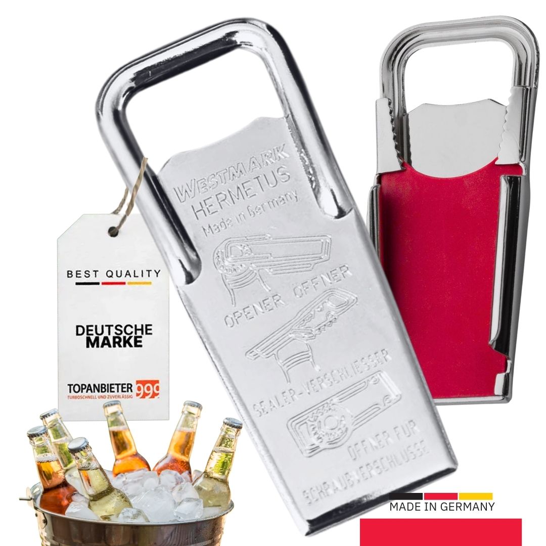Flaschenöffner Hermetus 3-in-1 aus Stahl Variante einzeln und als 2er Set - 86x37x15 mm, Bierflaschen öffnen & schließen