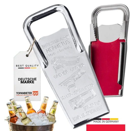 Flaschenöffner Hermetus 3-in-1 aus Stahl Variante einzeln und als 2er Set - 86x37x15 mm, Bierflaschen öffnen & schließen