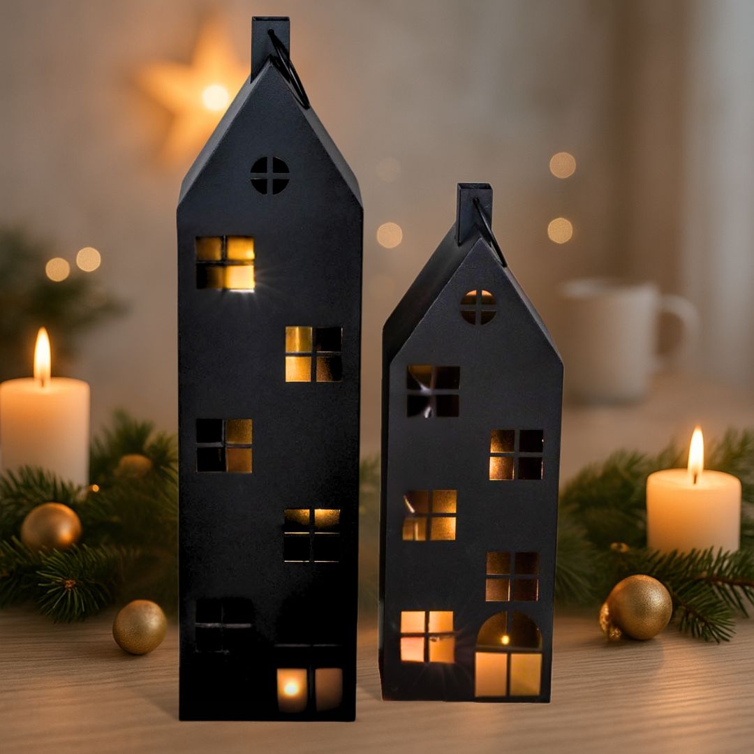 Lantern House 2-piece Set Decorative Stand Metal Black Light House Large H66-96