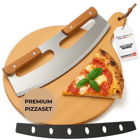 Pizzaschneider & Pizzabrett Premium Set , Pizzawiege Edelstahl mit Buchenholzgriffen 31 cm und Holzbrett Buche geölt 41 cm